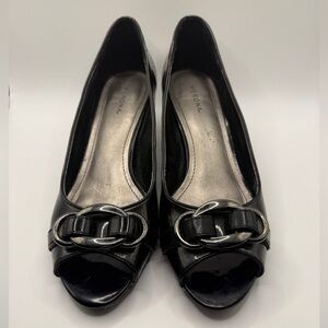 Merona Gunmetal Grey Peep Toe Heels – Silver Buckle Detail – Size 8